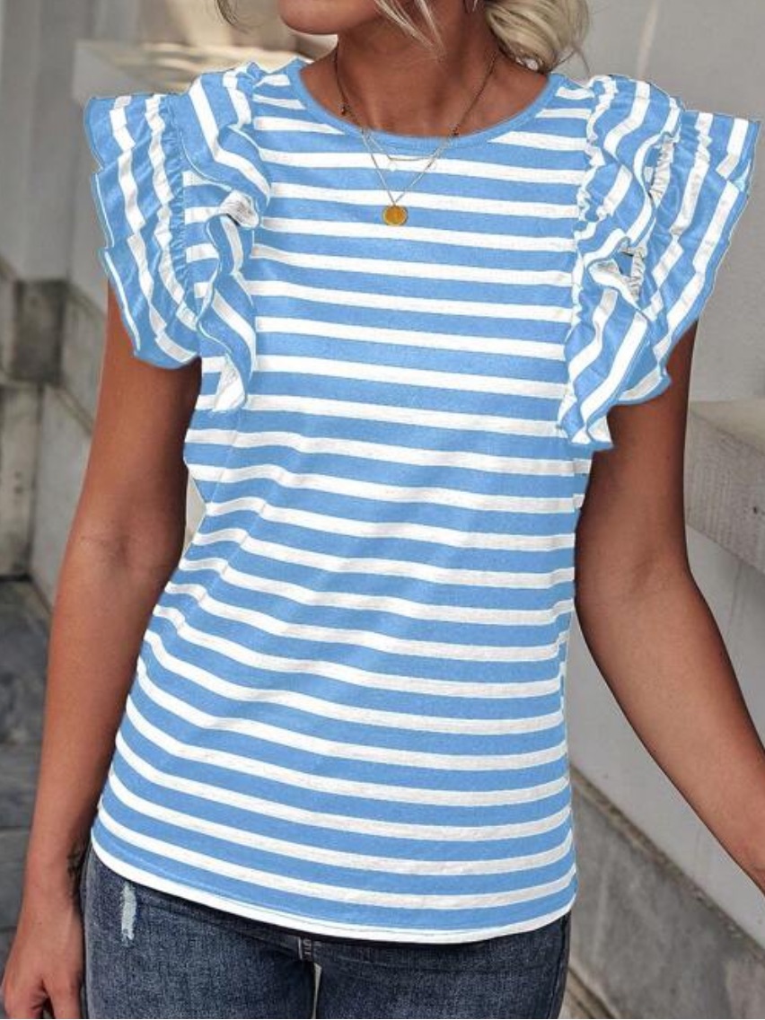 Everyday Casual Striped Ruffle Sleeve Top